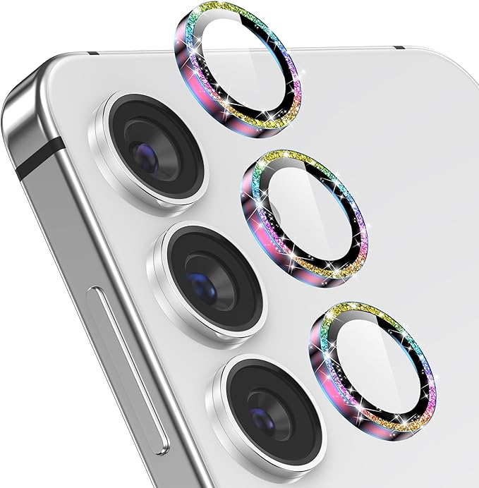 YWXTW Camera Lens Protector for Samsung Galaxy S24 / S23 / S23 Plus, [NOT for S24 Plus] 9H Tempered Glass Metal Individual Ring Camera Screen Protector for S24 Accessories (Colored Glitter)