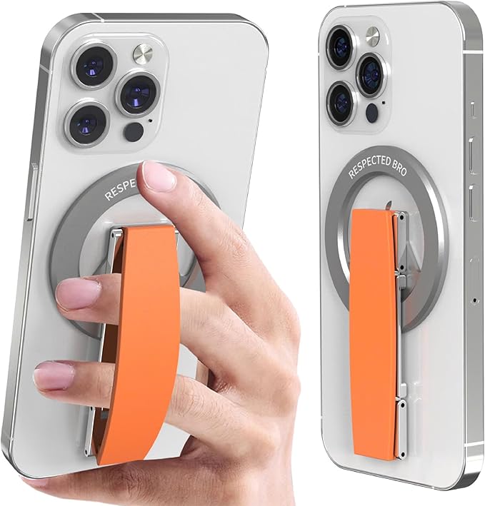 Magnetic-Phone-Grip-Stand, Magnetic Phone Ring Holder Kickstand with Silicone Finger Strap, Compatibility for iPhones, Androids, and More (Orange)