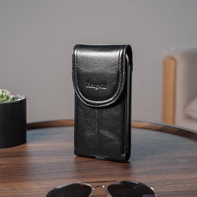 Hengwin Genuine Leather Cell Phone Holster for Belt Men, Vertical Phone Holder Belt Pouch Fits for iPhone 15 Pro Max 14 Pro Max 13 Pro Max Samsung Galaxy S24 Ultra Note9 Case with Belt Clip (Black)