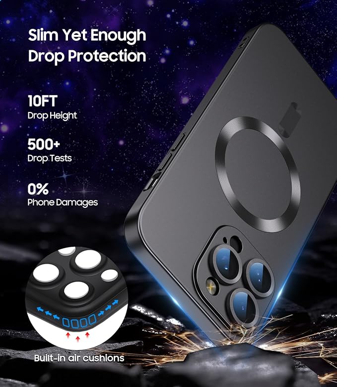 Magnetic for iPhone 16 Pro Case [Compatible with MagSafe][Built-in Camera Lens Protector] Slim Soft Silicone Bumper Shockproof Metallic Luster Phone Case (Black)
