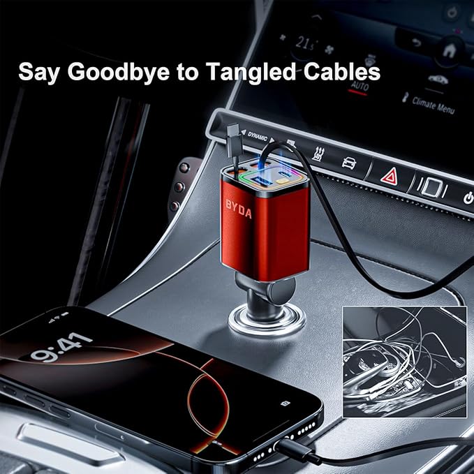 [2025 Mirco-Version] 4 in 1 Retractable Car Charger,69W Car Charger USB C,Cigarette Lighter Adapter,Fast Charging for iPhone 16e/16/15/14,13,Android (Orange, for Lightning+USB-C)