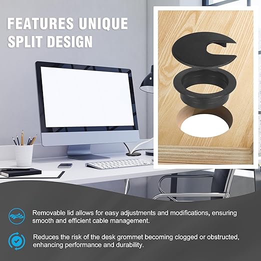 2" Black Desk Grommet with Bi-Metal Hole Saw, JTemgle Plastic Cable Hole Cover Computer Table Cord Wire Organizer Caps, Desktop Cord Management for Home Office TV Stands Tabletops, 7 Pieces
