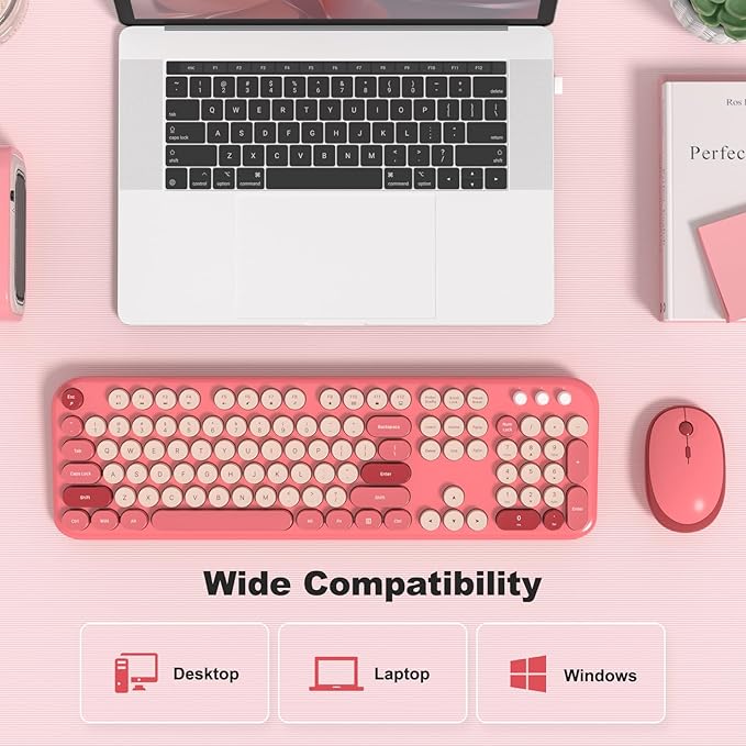KNOWSQT Wireless Keyboard and Mouse Combo - Lovely Red Rainbow Full-Sized Typewriter Colorful Keyboards, Round Keycap USB Plug Play Retro Cute Keyboards for Windows, Laptop, PC, Desktop, Computer