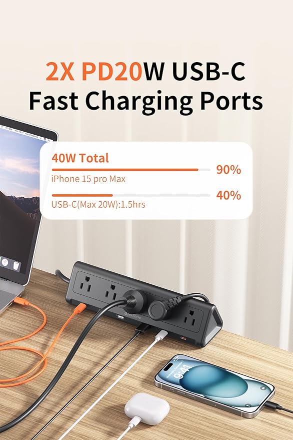 10 FT Desk Clamp Power Strip with 5 AC Outlets & 6 USB Ports PD 40W USB-C Fast Charging, 1250J Surge Protector, Fits 2.6 in top Edge Black