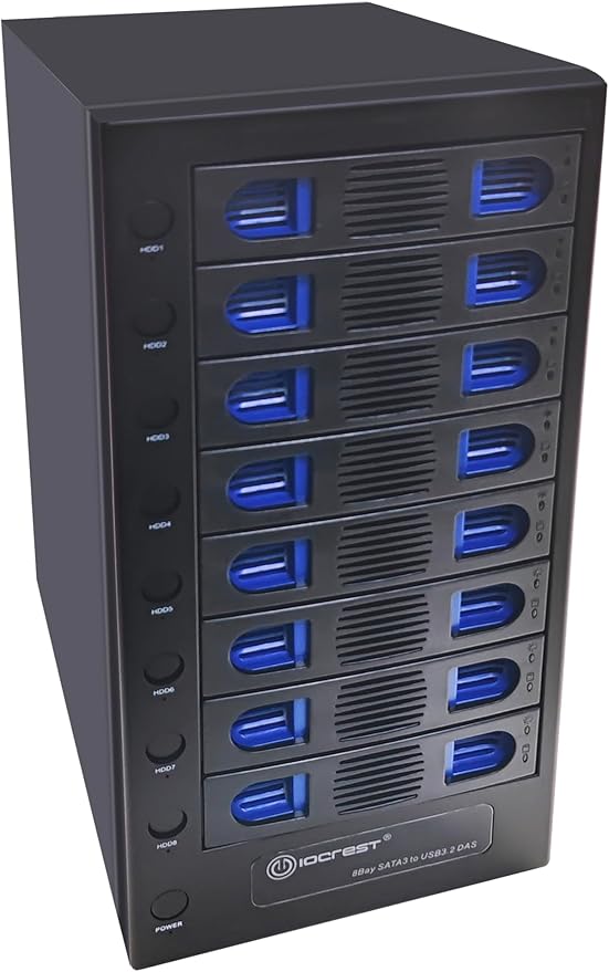 8 Bay Tool Less Tray Hot Swapable 2.5" and 3.5" SATA Hard Drive External USB-C 3.2 (10Gbps) Hard Drive Enclosure. Support up to 8X 22TB Capacity.