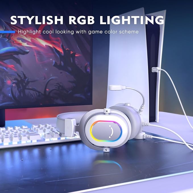 FIFINE USB Gaming Headset, PC Headphones Wired with Microphone for Computer/Laptop, Over-Ear RGB Headset with 7.1 Surround Sound, Noise Cancellation for Streaming Video Game- AmpliGame H6 (White)
