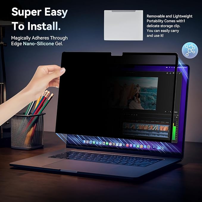 Privacy Screen Protector for MacBook Pro 14 Inch (2021-2024, M1, M2), Easy On/Off Removable Anti Spy Blue Light Glare Cover Shield, Laptop Privacy Filter for Mac Pro 14in (A2918/A2992/A2442/A2779)