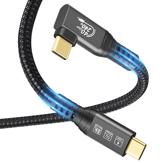 USB4 Cable, with Thunderbolt 4, 240W Charging, 40 Gbps Data, 8K @ 60Hz HDR, USB C to USB C Cable, 90Degree for MacBook,Hub, Dock, M2, M3, Mac SSD (90Degree USB4 40G 240W 2M)