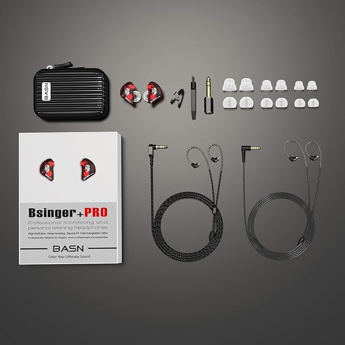 BASN Bsinger PRO in-Ear Monitors Hybrid Dynamic Dual Drivers Two Detachable MMCX Cables Musicians in-Ear Earbuds Headphones (Red)