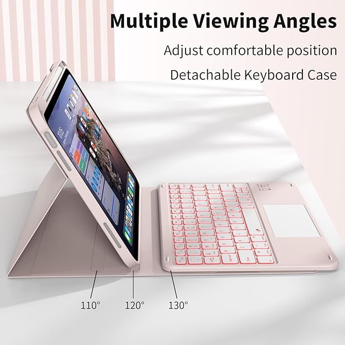 JKSML for iPad(A16) 11th/10th Generation Case with Keyboard (11/10.9 inch) 2025/2022, 7 Color Backlight Detachable Bluetooth Cover with Trackpad, Flip Stand Case Thin with Pencil Holder, Baby Pink