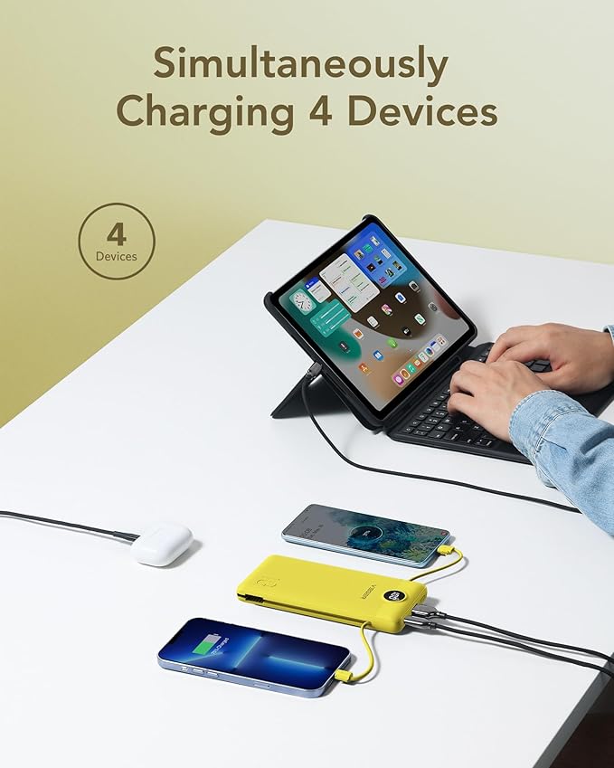 VEGER Portable Charger for iPhone with Built in Cables and Wall Plug, 10000mah Slim Fast Charging USB C Power Bank, Travel Essential Battery Pack Compatible with iPhone, iPad, Samsung etc(Yellow)