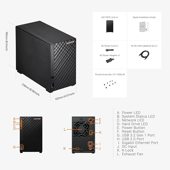 Asustor Drivestor 2 Lite AS1102TL, 2 Bay NAS, 1.7GHz Quad Core, 1GbE Port, 1GB RAM DDR4, Personal Private Cloud, Backup for Home & Small Office, Network Attached Storage(Diskless)