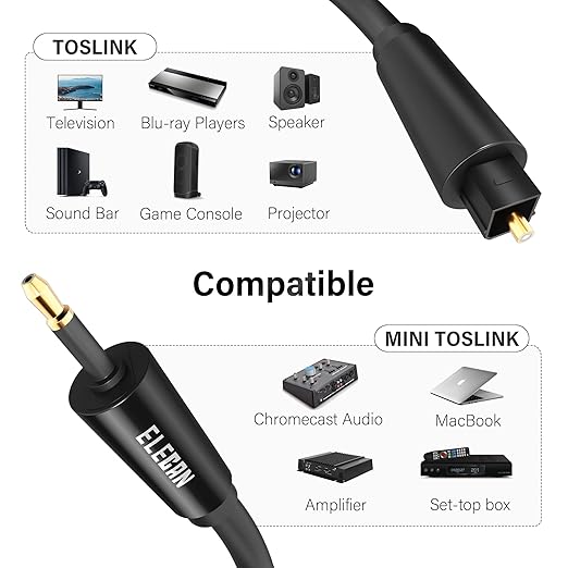Elecan Mini Toslink to Toslink Digital Optical S/PDIF Audio Cable 25 Ft, Gold Plated Soft Flexible Fiber Optic Cable,Signal Protection PVC,Surround Sound for Soundbar,Home Theater,Hi-Fi System+Ties MI