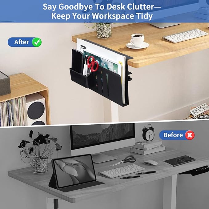 LUKETURE Laptop Holder, Steel Desk Side Storage, No Drill Standing Desk Accessories, Clamp on Laptop Mount with Pen Holder, Fits Flat Edge Tables 0.3" to 2.8" (Black, M(1 Tier))