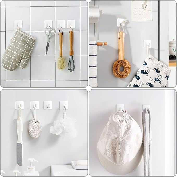 VIS'V Adhesive Hooks, Metal Shower Wall Stick on Hooks, Waterproof, 2 Extra Adhesive Strips, White, 4 Pcs