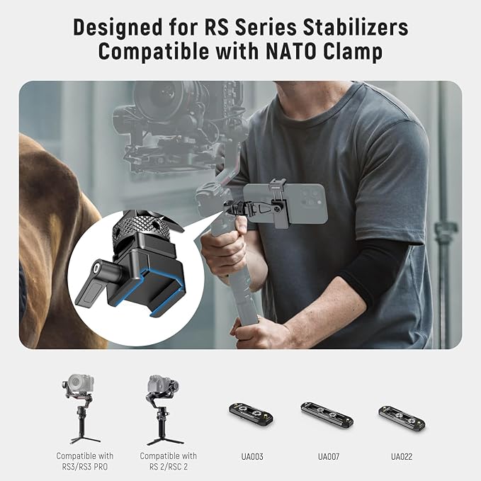 Neewer Metal Phone Tripod Mount with Cold Shoe Mount NATO Clamp Compatible with DJI RS4 RS3 Pro RS2 RSC2 Gimbal Stabilizer, 180° Tilt Phone Clip Holder Compatible with iPhone 15 Pro Camera Cage, GA010