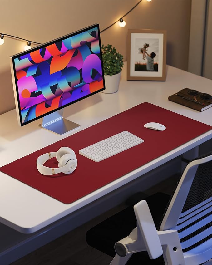 PU Leather Desk Pad Protector - 36"x17" Large Non-Slip Desk Mat, Waterproof Office Desk Blotter for Keyboard & Mouse, Premium Workstation Cover for Home & Office (Red)