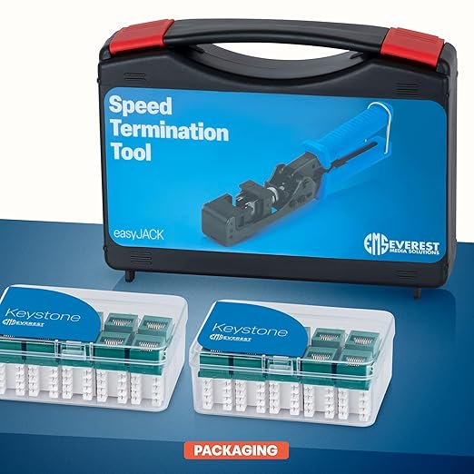 Everest easyJACK - 90° Angled Speed Termination Keystone Tool Set - with 20-Pack of RJ45 Cat6 Keystone Jacks in Green (Slim Profile Design) - Time Saver Network Punch Down Tool Cat6