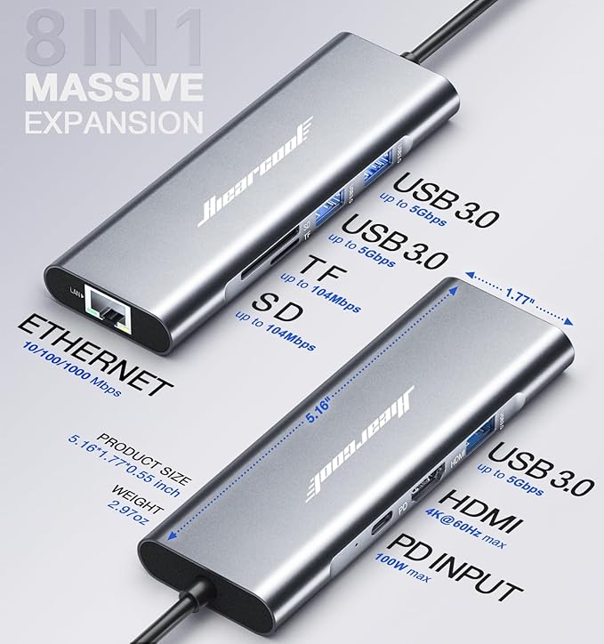 Hiearcool USB C Hub Ethernet,4K@60 USB-C to HDMI Hub,8in1 Multi-Port USBC Adapter Type C Dock Dongle Compatible for MacBook Pro Air iPad Dell Lenovo