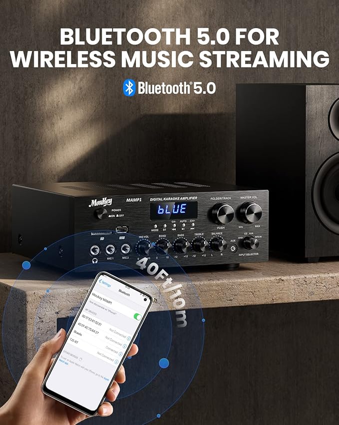 Moukey Stereo Receivers with Bluetooth 5.0, 400W 2.0 Channel Power Audio Amplifier Stereo System w/USB, SD, AUX, RCA, MIC in w/Echo, LED for Karaoke, Home Theater Speakers - MAMP1