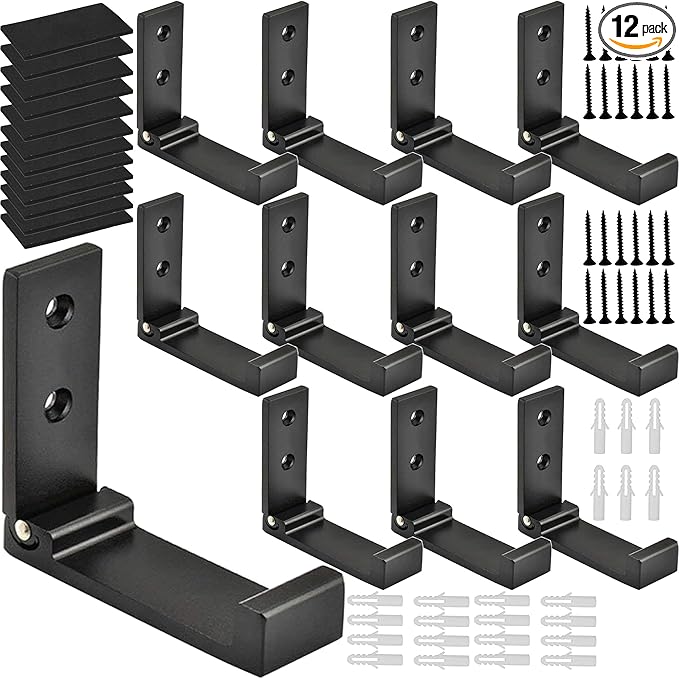 Folding Coat Hooks, Foldable Wall Hooks for Hanging Aluminum Alloy Cloth Coat Hanger Headphones Holder Headset Wall Hanger Hook- Pack of 12 (Black)