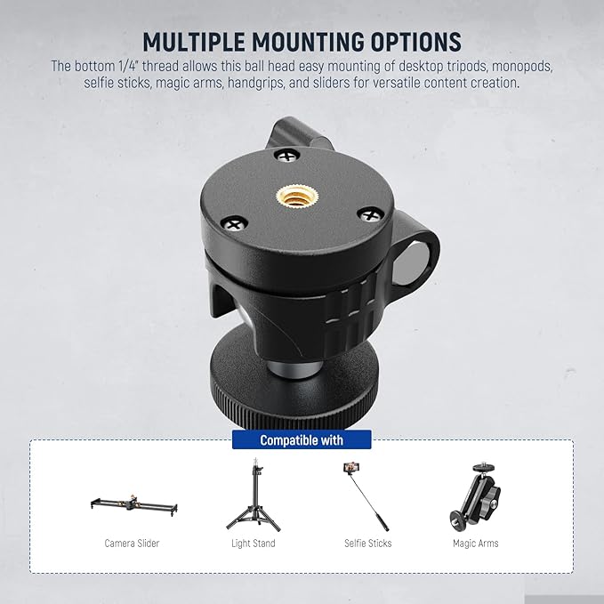 NEEWER Basic Mini Ball Head, Portable Tripod Head Camera Mount Adapter with 1/4" Screw for Compact DSLR Action Cam Phone LED Ring Light Monopod Slider, 4.4lb Max Load, 360° Swivel & 90° Tilt, GM01