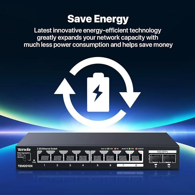 Tenda TEM2010X 8 Port 2.5G Ethernet Switch, Unmanaged 2.5Gb Switch with 8 x 2.5G Ports & 2 x 10Gb SFP+ Slots, Support VLAN & Static Link Aggregation, 80Gbps Switching Capacity, Fanless Metal Design