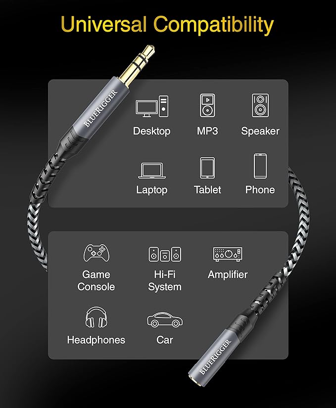 BlueRigger Headphone Extension Cable (6FT, 24K Gold Plated Jack, Hi-Fi Sound, 3.5mm Male to Female Stereo Audio Cable) – Aux Cord for iPod, Laptops, Smartphones, Speakers, Tablets, Home Car Stereo