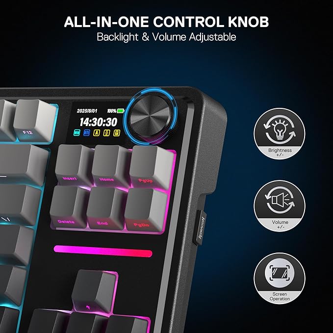 Redragon K743 PRO GB 80% Gasket RGB Gaming Keyboard w/Hype 1.14’’ TFT Screen & Knob, 84 Keys Mechanical Keyboard, 5-Layer Noise Dampening, Hot-Swap South-Facing RGB Socket, Gradient PBT Keycaps