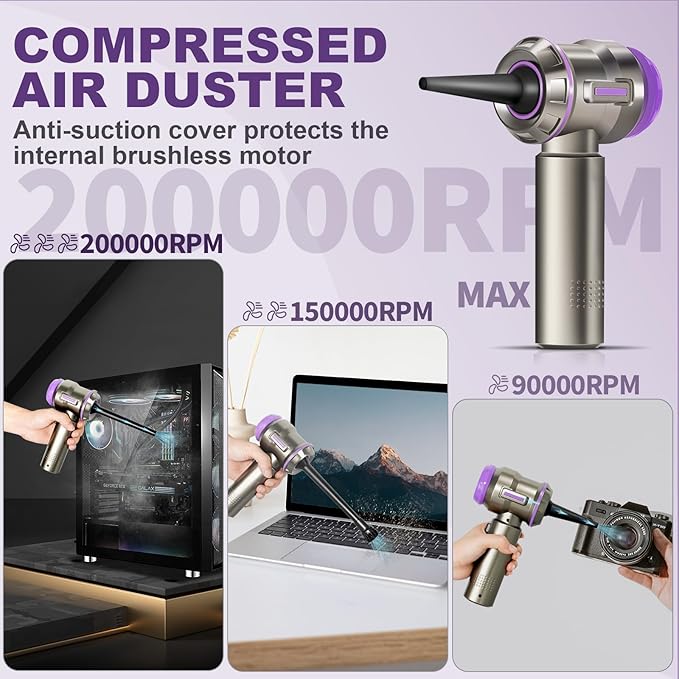 PeroBuno Electric Air Duster, Mini Vacuum Cleaner Cordless, 2-in-1, 200000RPM, 35mins Runtime, Rechargeable Outdoor Blower with 3 Gear for Car Computer Keyboard Cleaning