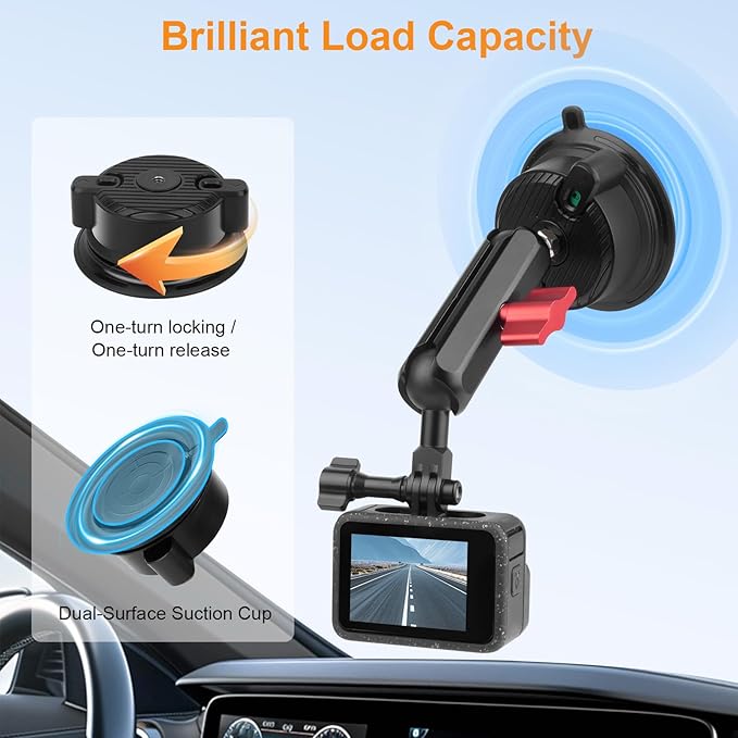Camera Suction Cup Mount Kits-360°Ball Head Magic Arm,Double-Layer Suction Cup Mount for Action Cameras, GoPr0 Hero 13/12, DJI Osmo X4/X3,Mount on Car Windshield,Dashboard-Video Shooting,JC019