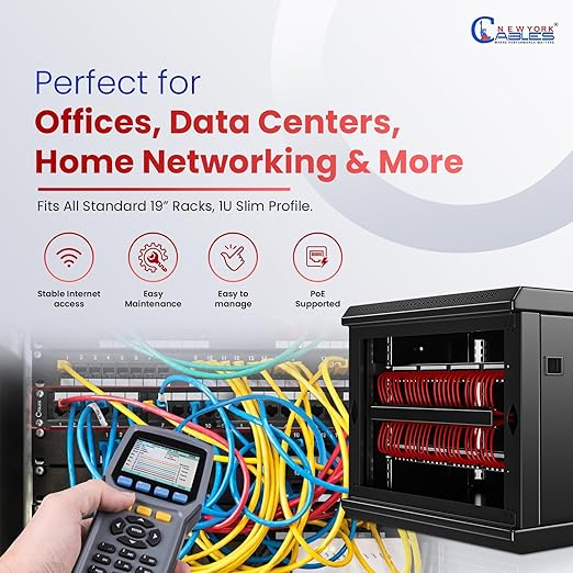 NewYork Cables 24 Port Cat6 Patch Panel – 10Gb Ethernet, 1U Rackmount 19-Inch, T568A/B Color-Coded Labels, Unshielded, 110/Krone Compatible, Black