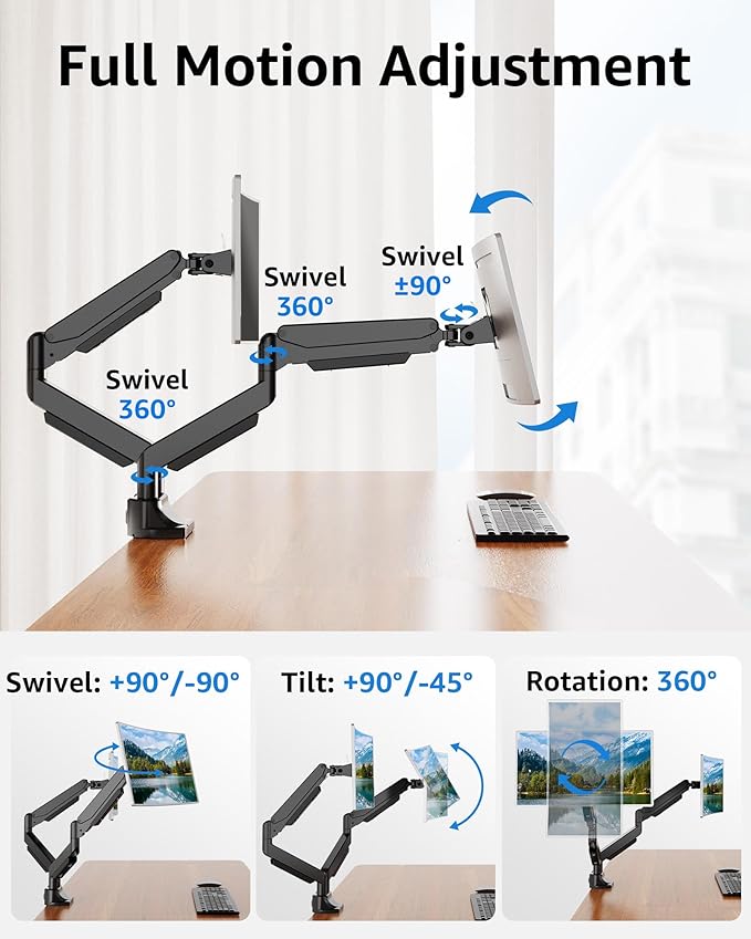 MOUNTUP Dual Monitor Mount fits 22''-42'' Ultrawide Screen, Holds 6.6-33lbs, Dual Monitor Arm Desk Mount, Heavy Duty Gas Spring Monitor Stand for 2 Monitors, Vesa Mount with Clamp/Grommet Base