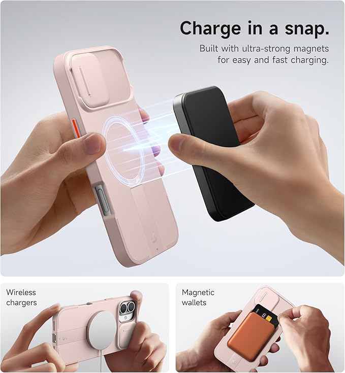 SURITCH for iPhone 16 Plus Case with Magnetic Camera Slide Cover and Adjustable Kickstand, Compatible with MagSafe, Shockproof Bumper Case Slim Protective Cover for iPhone 16 Plus 6.7 Inch, Pink