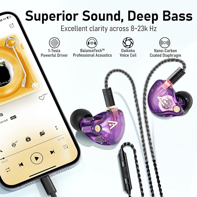 Vibes 202ML Wired Earbuds - HiFi in Ear Headphones - Noise-Isolating Ear Buds w/ Mic - Clear Sound, Deep Bass, Comfort-Fit Earphones - MMCX–Lightning for iPhone 5–14, Silver Plated Cord, Carrying Case