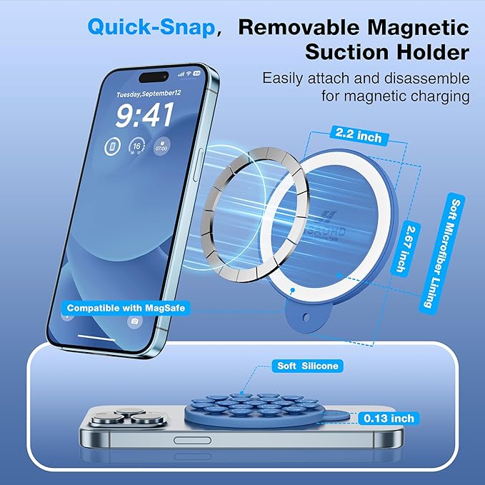 Magnetic Suction Cup Phone Mount for MagSafe Case, Silicone Hands-Free Grip Holder for iPhone and Android, Mirror Shower Phone Stand for Makeup FaceTime Gym Kitchen Bathroom, Azure Blue
