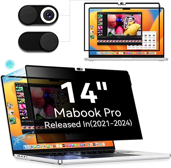 Privacy Screen Protector for MacBook Pro 14 Inch (2021-2024, M1, M2), Easy On/Off Removable Anti Spy Blue Light Glare Cover Shield, Laptop Privacy Filter for Mac Pro 14in (A2918/A2992/A2442/A2779)