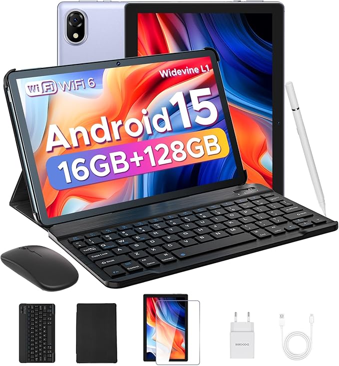 DOOGEE U10 10 inch Tablet with Keyboard, Android 15 Tablet 16GB+128GB/2TB Expand, 2.0GHz Quad Core Gaming Tablets,5060mAh,1280x800 IPS HD Touchscreen,WiFi 6,Dual Camera,BT5.0,Widevine L1,Purple