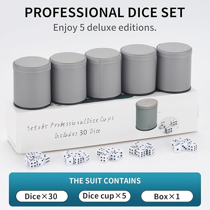5 Pack PU Leather Dice Cups Velvet Felt-Lined Shaker Cups with 30 Dot Dice for Bar Party Yahtzee Farkle Dice Games, Grey