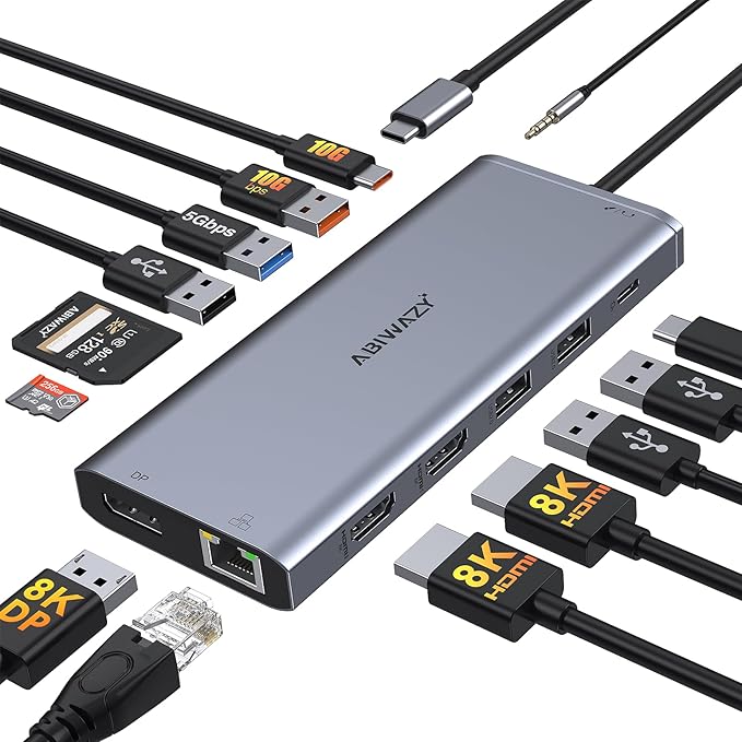 USB C Docking Station Dual Monitor for Dell/HP/Lenovo Laptop, Single 8K@30Hz/4K@120Hz, Triple 4K Display USB C Hub Multiple Adapter with 2 HDMI+DP+USB3.1+6 USB+RJ45+PD+SD/TF+Audio for iPhone 15