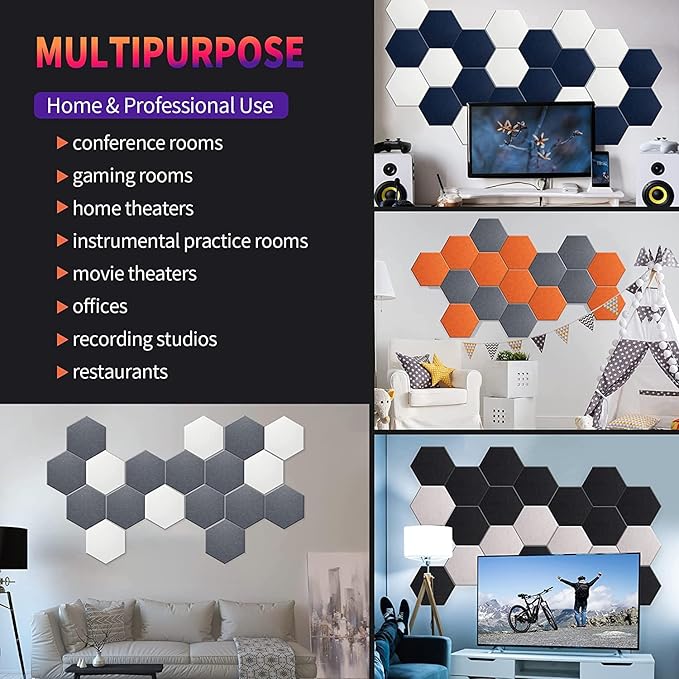 Mollywell Hexagon Acoustic Panels, Carved Patterns, Soundproofing, Decorative Noise Reduction Felt Wall Tiles for Ceilings, Home Office & Gaming Room (Black and White), 14x12x0.4 Inch