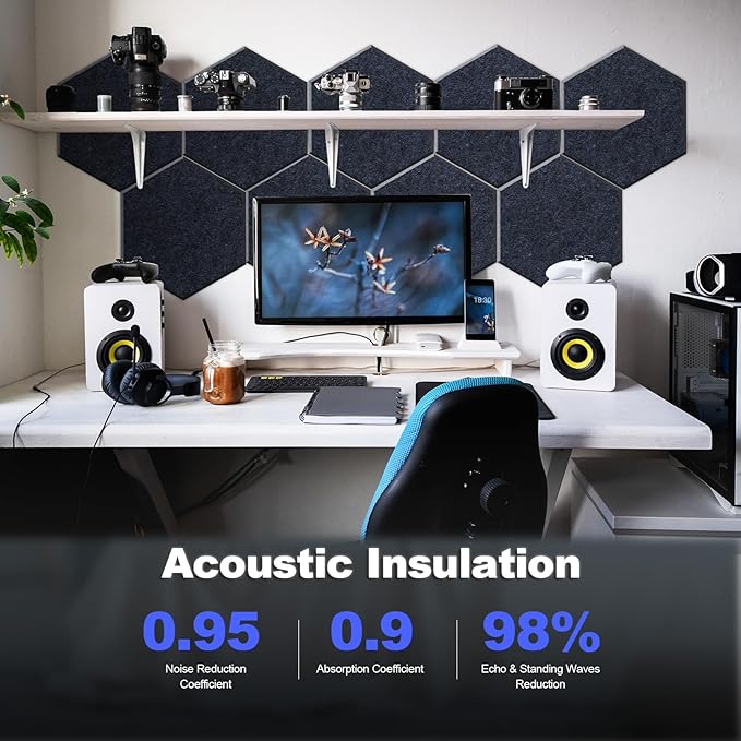 Mollywell Hexagon Acoustic Panels, High Density, Soundproofing, Decorative Noise Reduction Felt Wall Tiles for Ceilings, Home Office & Gaming Room (Ink Blue), 14x12x0.4 Inch