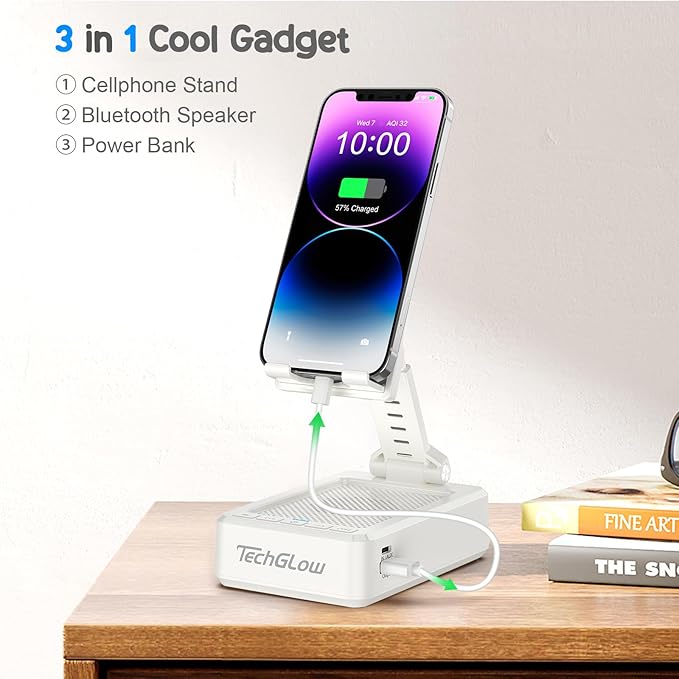 TechGlow Foldable Cellphone Stand with Bluetooth Speaker and Power Bank Birthday Gifts for Men Women Mother Father Brother Sister Teens Cool Tech Gadgets-White