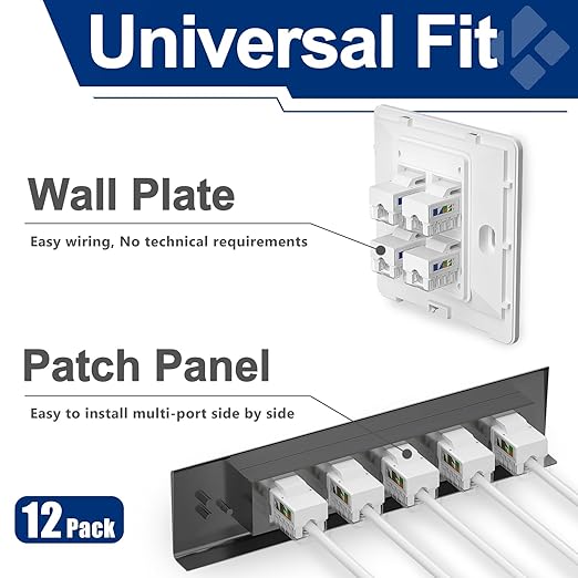 Cat6 Keystone Jacks 12-Pack, RJ45 Keystone Jack 90 Degree Punch Down, Ethernet Jack for Cat6, Cat5e, Cat5 Cabling, Slim Profile in White