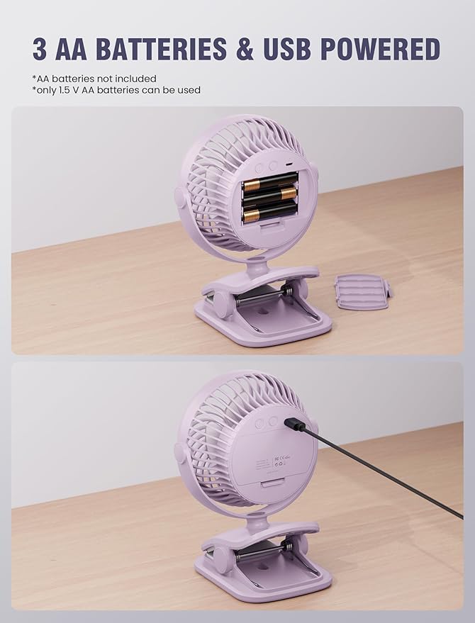 Shinebella AA Battery Powered Clip on Fan with 4-Speed, 5’’ Small Desk Fan with Aroma Function, USB Powered, 360°Rotation, Ultra Quiet, for Golf Cart, Stroller, Bedroom,Car(Batteries Not Included)