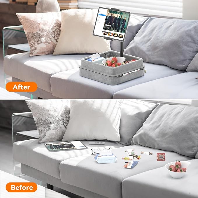 KDD Tablet Pillow Holder - 360°Adjustable iPad Pillow Stand for Lap, Bed and Desk - Gooseneck Tablet Soft Pad Dock with Storage Tray and Pocket Compatible with iPad Pro 12.9, Air Mini, Phone, E-Reader
