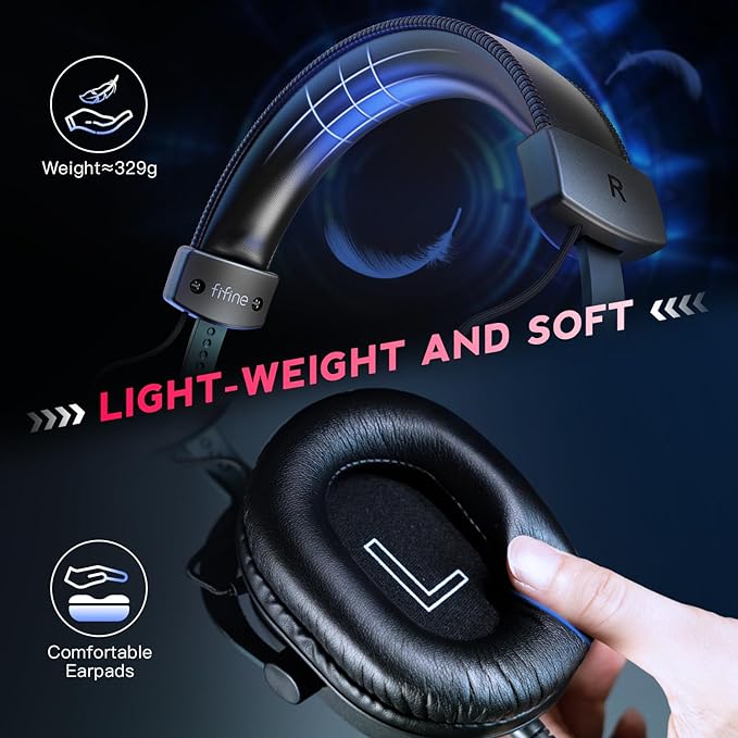 FIFINE PC Gaming Headset, USB Headset with 7.1 Surround Sound, Detachable Microphone, Control Box, 3.5mm Headphones Jack, Over-Ear Wired Headphones for PS5/Xbox/Switch, Black-AmpliGame H9