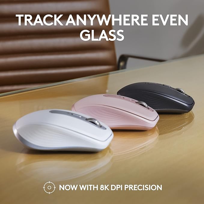 Logitech MX Anywhere 3S Compact Wireless Mouse, Fast Scrolling, 8K DPI Any-Surface Tracking, Quiet Clicks, Programmable Buttons, USB C, Bluetooth, Windows PC, Linux, Chrome, Mac - Pale Grey