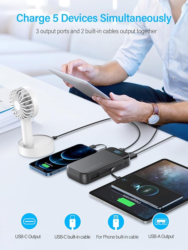 Portable Charger 32000mAh, 22.5W QC 3.0 PD 20W Smart LED Display Fast Charging Built in Cables MFi Certified Power Bank, External Battery Pack Charge 5 Devices Compatible with Cellphones (Black)