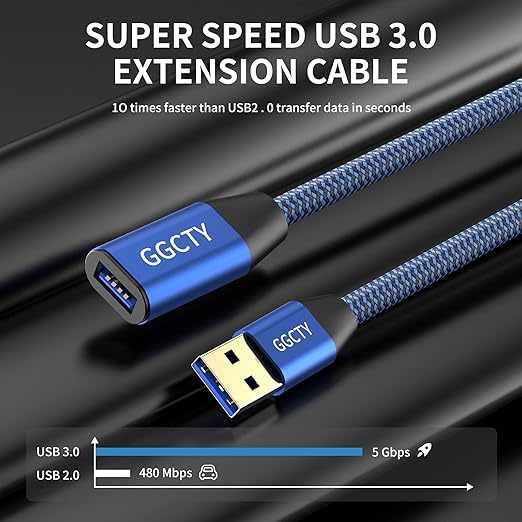 USB 3.0 Extension Cable 10ft,Type A Male to Female Extension Cord Durable Braided Material High Data Transfer Compatible with USB Keyboard,Mouse,Flash Drive, Hard Drive,Printer